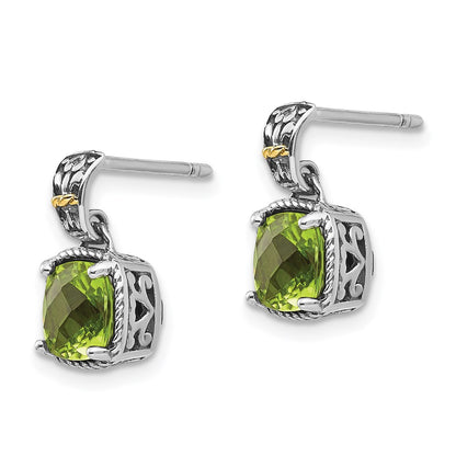 14K/Silver Two Tone Shey Couture Sterling Silver With 14K Accent Antiqued Cushion Peridot Dangle Post Earrings