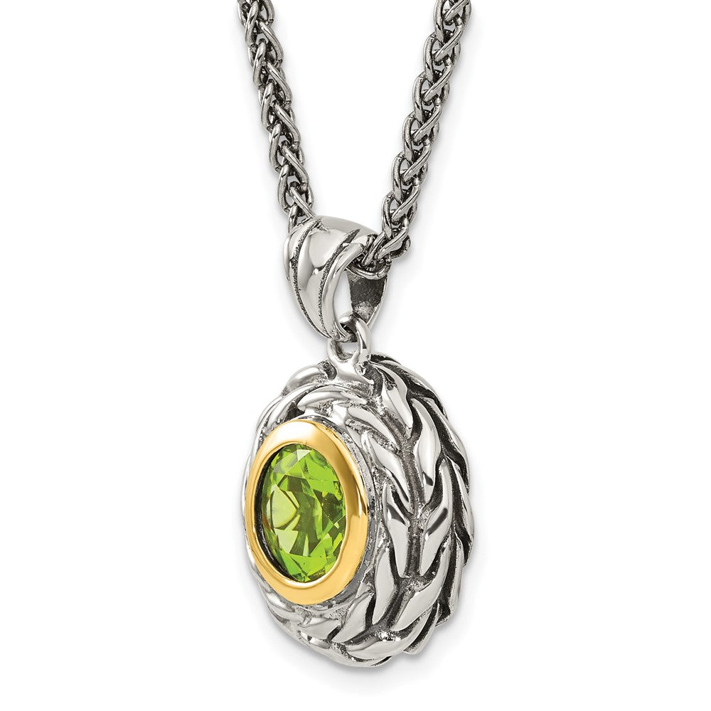 14K/Silver Two Tone Shey Couture Sterling Silver With 14K Accent 18 Inch Antiqued Round Bezel Peridot Necklace
