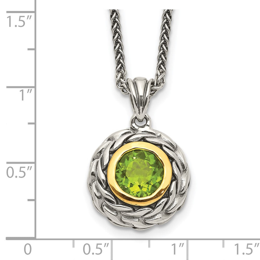 14K/Silver Two Tone Shey Couture Sterling Silver With 14K Accent 18 Inch Antiqued Round Bezel Peridot Necklace