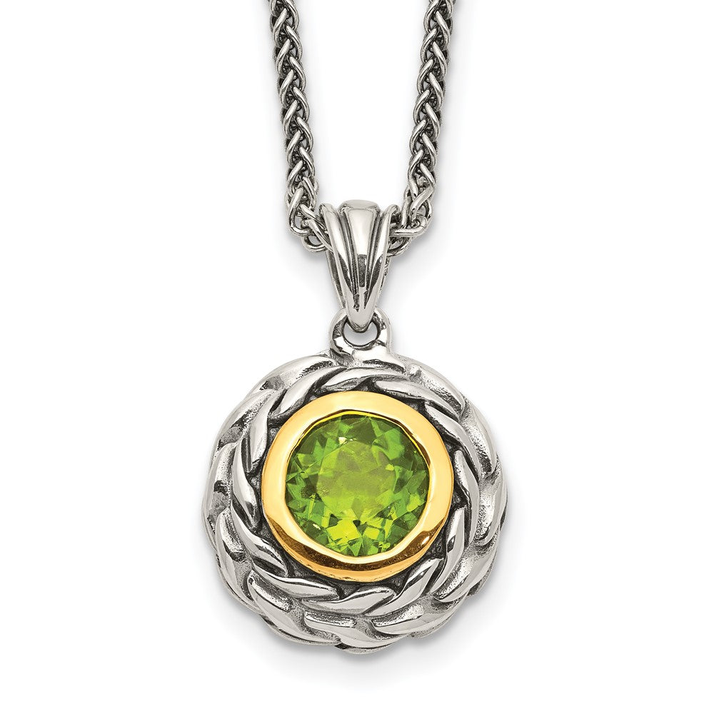 14K/Silver Two Tone Shey Couture Sterling Silver With 14K Accent 18 Inch Antiqued Round Bezel Peridot Necklace