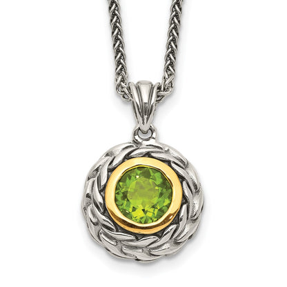 14K/Silver Two Tone Shey Couture Sterling Silver With 14K Accent 18 Inch Antiqued Round Bezel Peridot Necklace