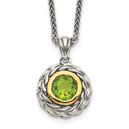 14K/Silver Two Tone Shey Couture Sterling Silver With 14K Accent 18 Inch Antiqued Round Bezel Peridot Necklace