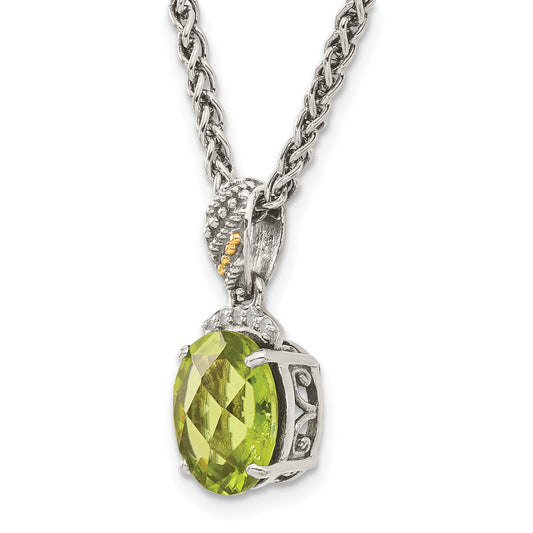 14K/Silver Two Tone Shey Couture Sterling Silver With 14K Accent 18 Inch Antiqued Oval Peridot And Diamond Necklace