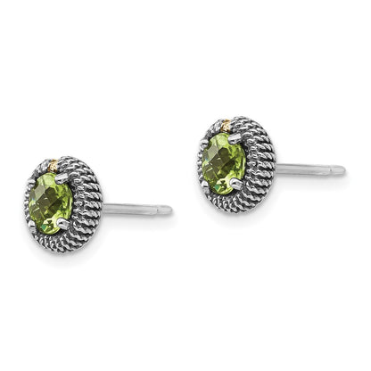 14K/Silver Two Tone Shey Couture Sterling Silver With 14K Accent Antiqued Round Peridot Post Earrings