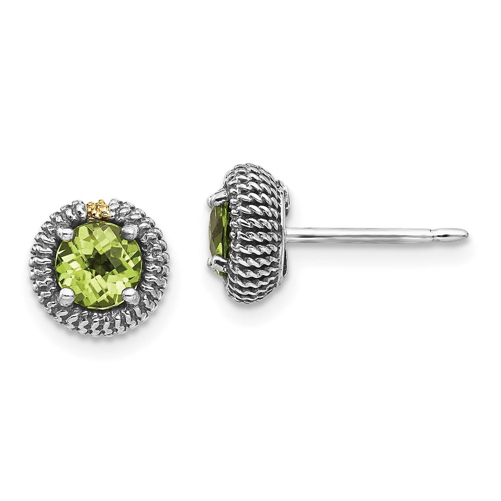 14K/Silver Two Tone Shey Couture Sterling Silver With 14K Accent Antiqued Round Peridot Post Earrings