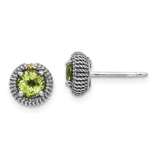 14K/Silver Two Tone Shey Couture Sterling Silver With 14K Accent Antiqued Round Peridot Post Earrings