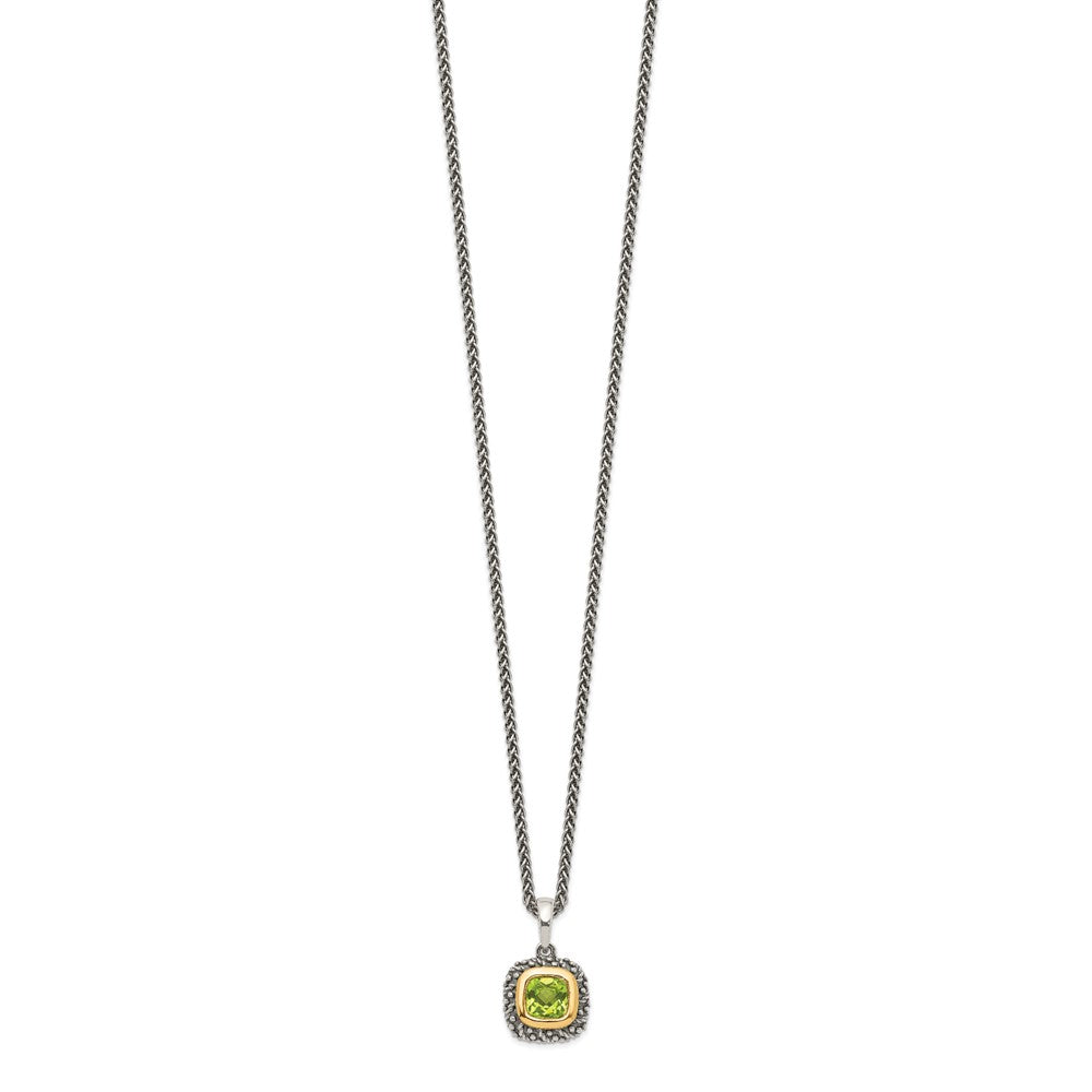 14K/Silver Two Tone Shey Couture Sterling Silver With 14K Accent 18 Inch Antiqued Cushion Bezel Peridot Necklace