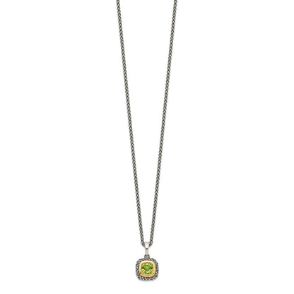 14K/Silver Two Tone Shey Couture Sterling Silver With 14K Accent 18 Inch Antiqued Cushion Bezel Peridot Necklace