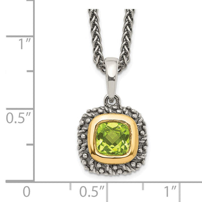 14K/Silver Two Tone Shey Couture Sterling Silver With 14K Accent 18 Inch Antiqued Cushion Bezel Peridot Necklace