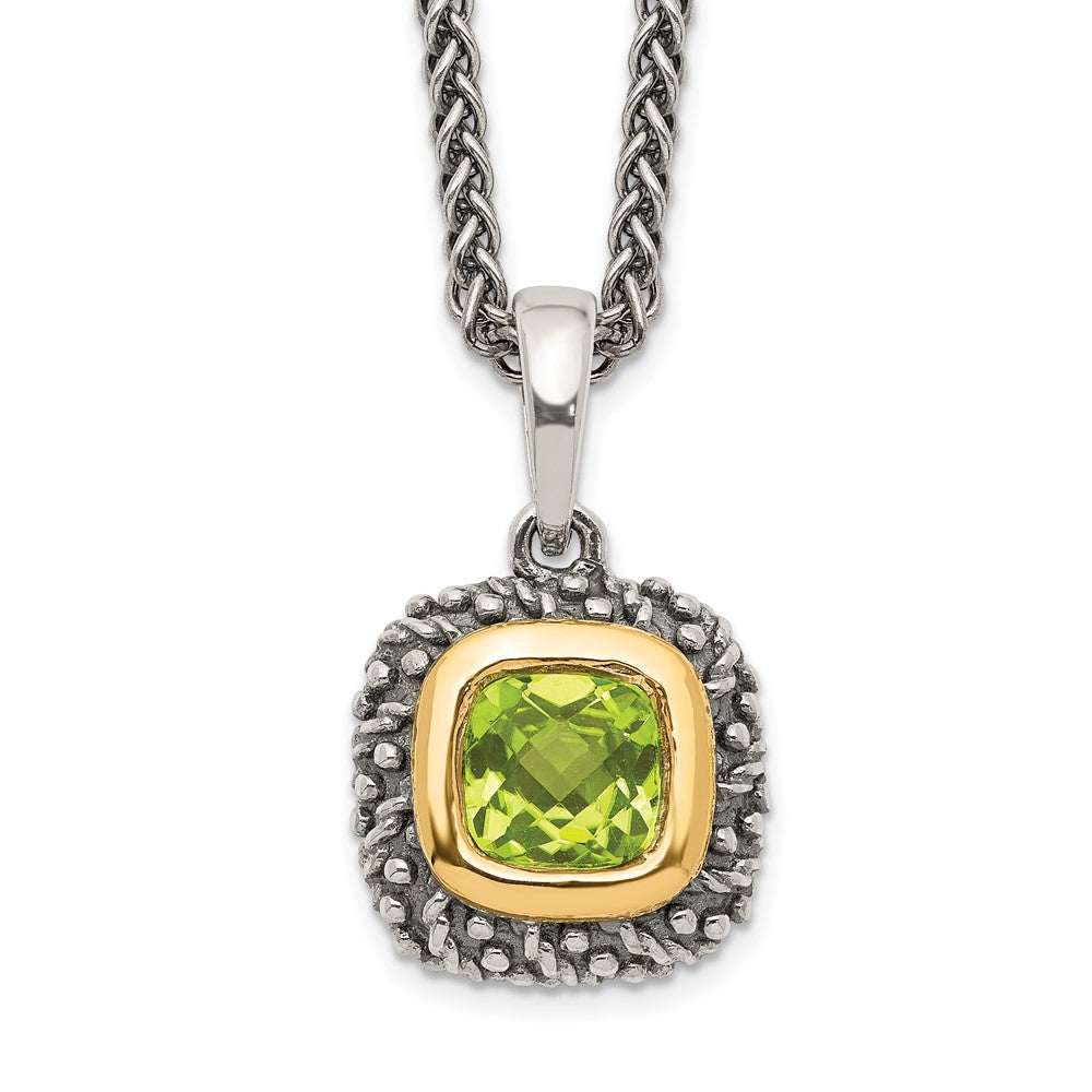 14K/Silver Two Tone Shey Couture Sterling Silver With 14K Accent 18 Inch Antiqued Cushion Bezel Peridot Necklace