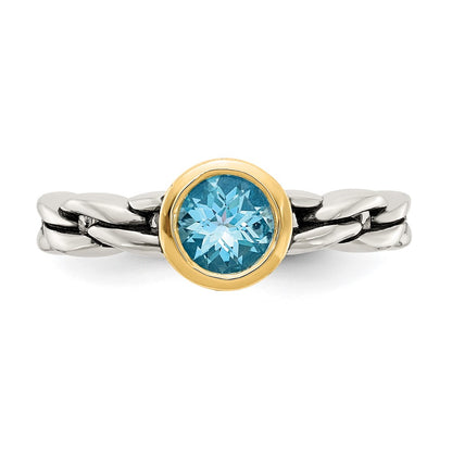 14K/Silver Two Tone Shey Couture Sterling Silver With 14K Accent Antiqued Round Bezel Sky Blue Topaz Ring