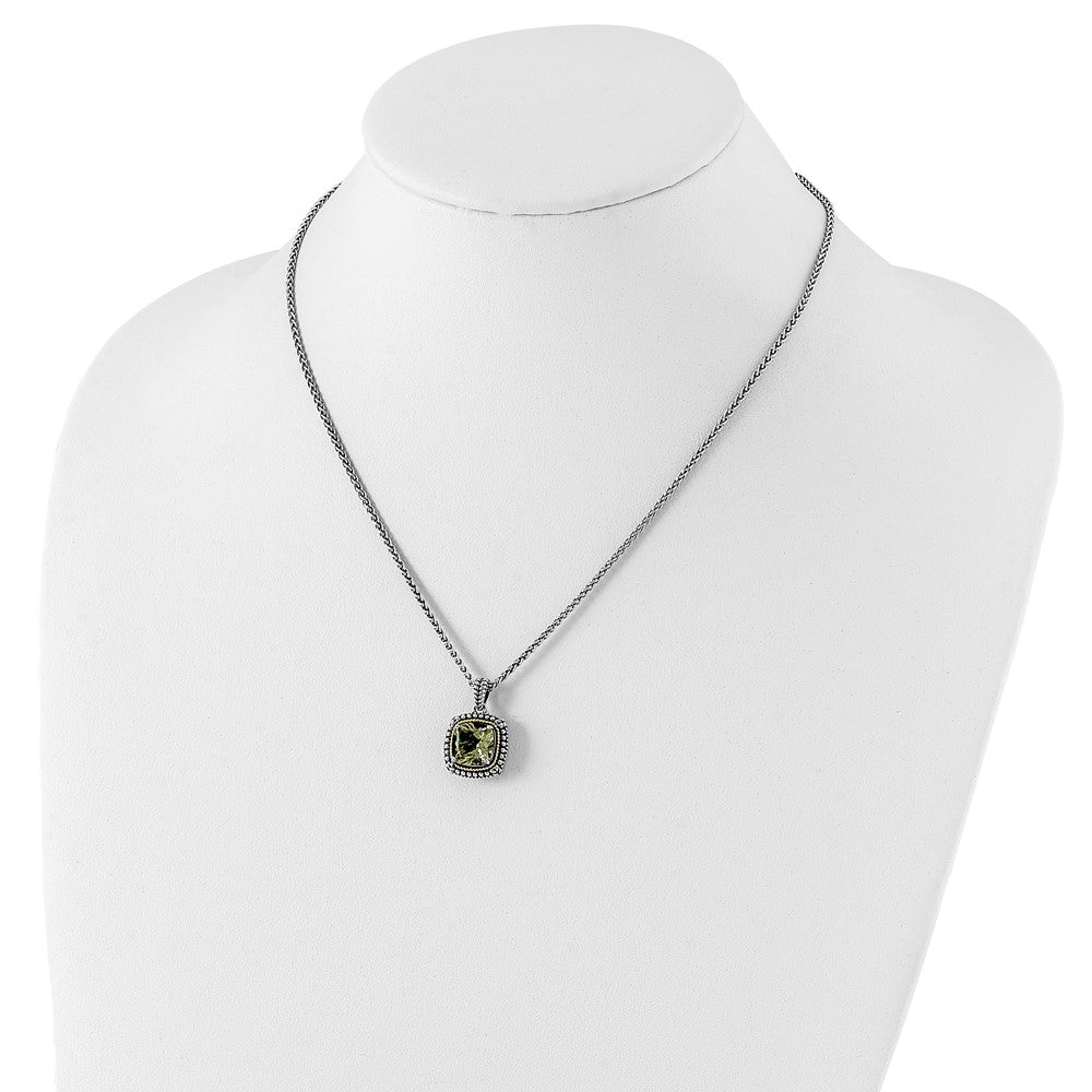 14K/Silver Two Tone Shey Couture Sterling Silver With 14K Accent 18 Inch Antiqued Cushion Green Quartz Necklace