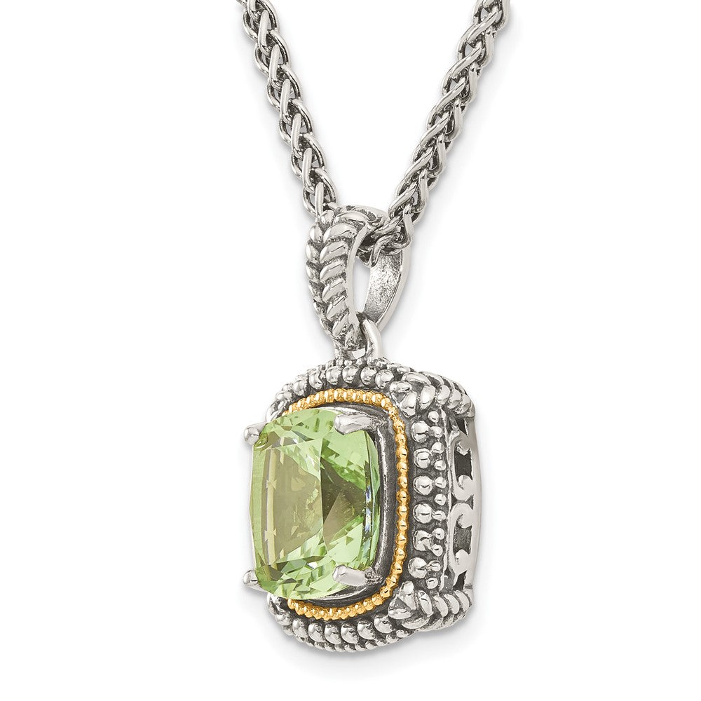 14K/Silver Two Tone Shey Couture Sterling Silver With 14K Accent 18 Inch Antiqued Cushion Green Quartz Necklace
