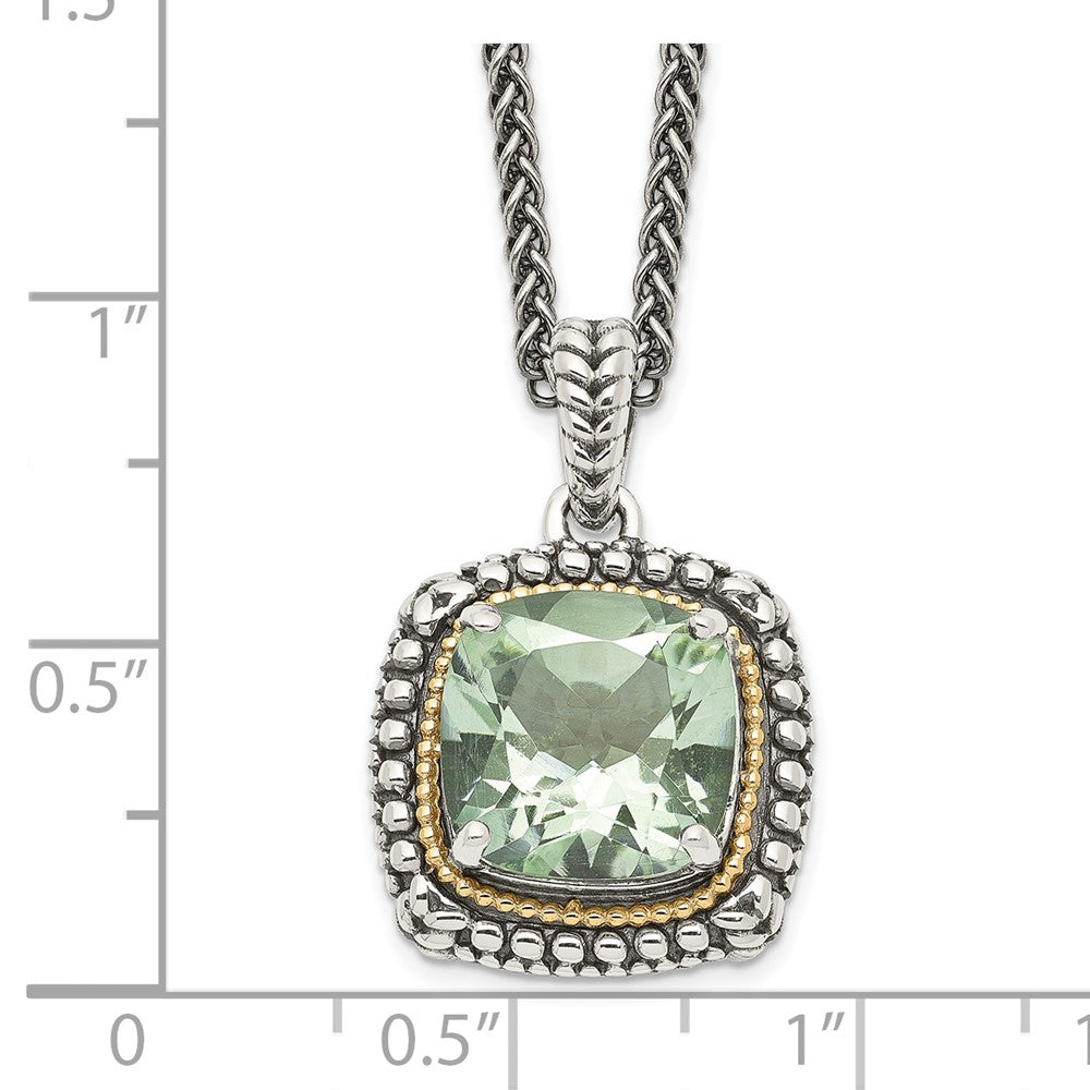 14K/Silver Two Tone Shey Couture Sterling Silver With 14K Accent 18 Inch Antiqued Cushion Green Quartz Necklace
