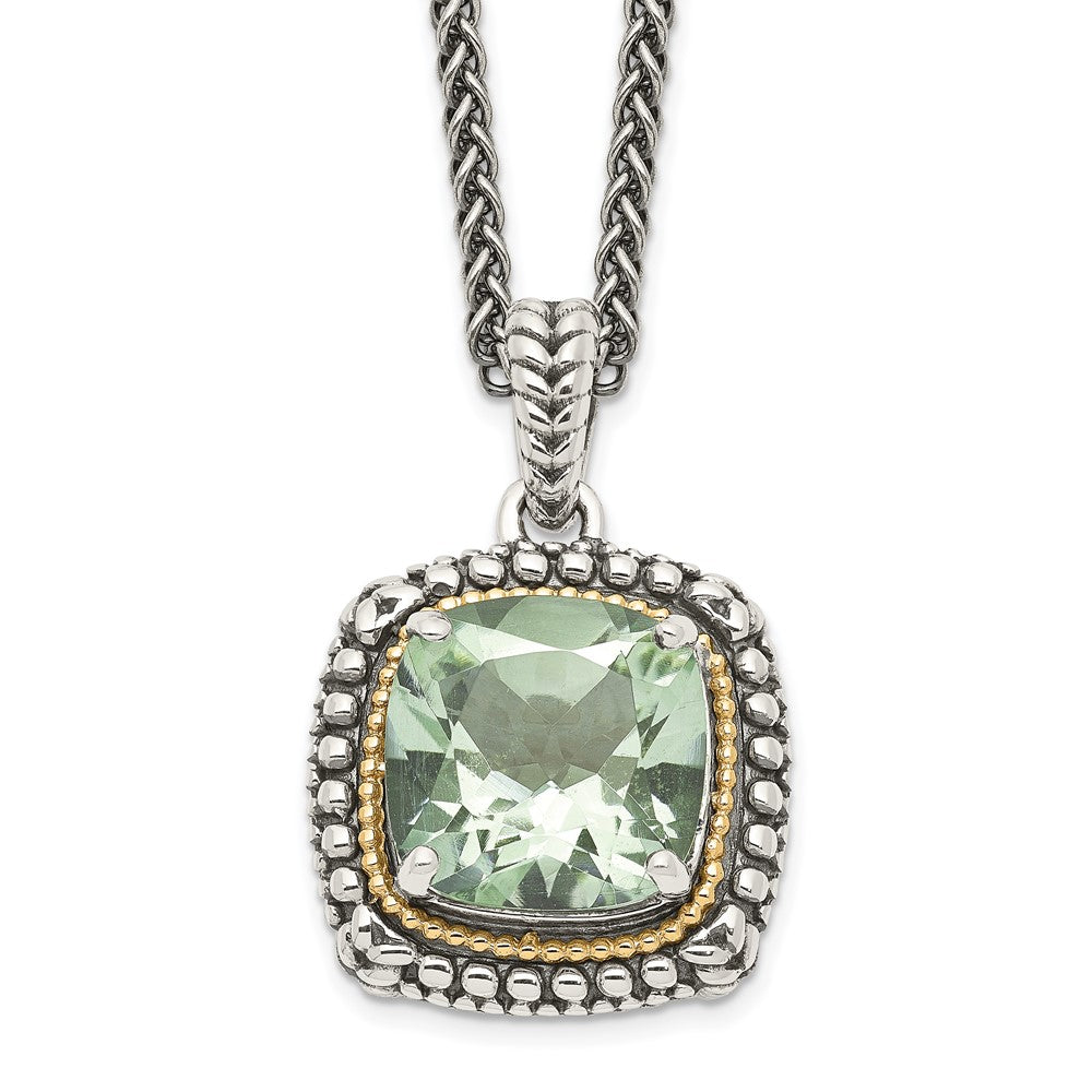 14K/Silver Two Tone Shey Couture Sterling Silver With 14K Accent 18 Inch Antiqued Cushion Green Quartz Necklace