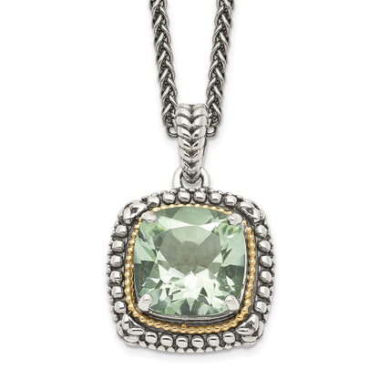 14K/Silver Two Tone Shey Couture Sterling Silver With 14K Accent 18 Inch Antiqued Cushion Green Quartz Necklace
