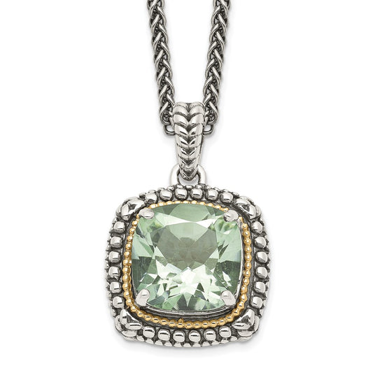 14K/Silver Two Tone Shey Couture Sterling Silver With 14K Accent 18 Inch Antiqued Cushion Green Quartz Necklace