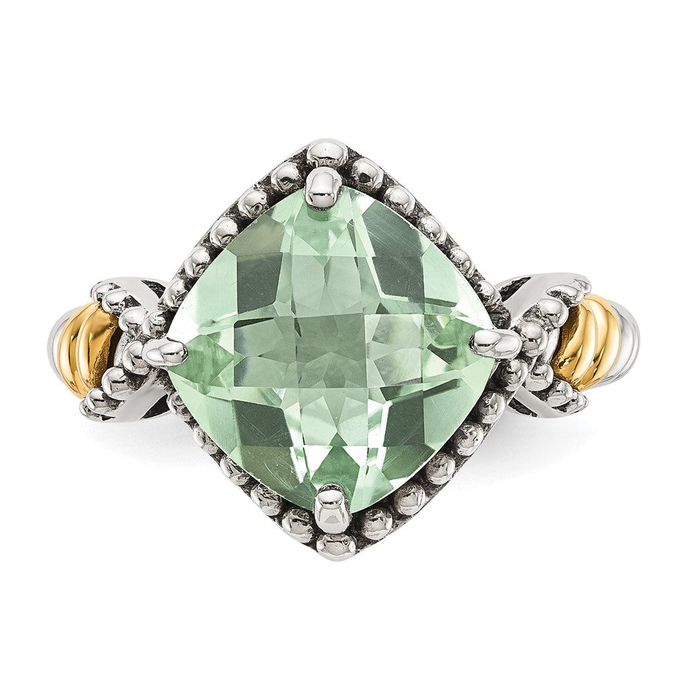 14K/Silver Two Tone Shey Couture Sterling Silver With 14K Accent Antiqued Cushion Green Quartz Ring