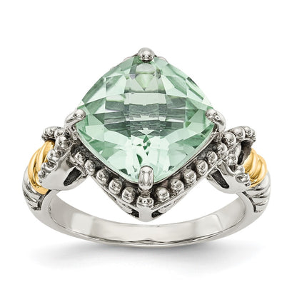 14K/Silver Two Tone Shey Couture Sterling Silver With 14K Accent Antiqued Cushion Green Quartz Ring