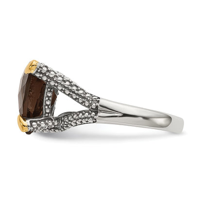 14K/Silver Two Tone Shey Couture Sterling Silver With 14K Accent Antiqued Trillion Checkerboard Smoky Quartz Ring