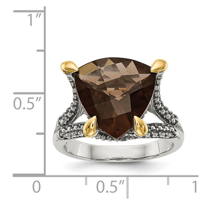 14K/Silver Two Tone Shey Couture Sterling Silver With 14K Accent Antiqued Trillion Checkerboard Smoky Quartz Ring