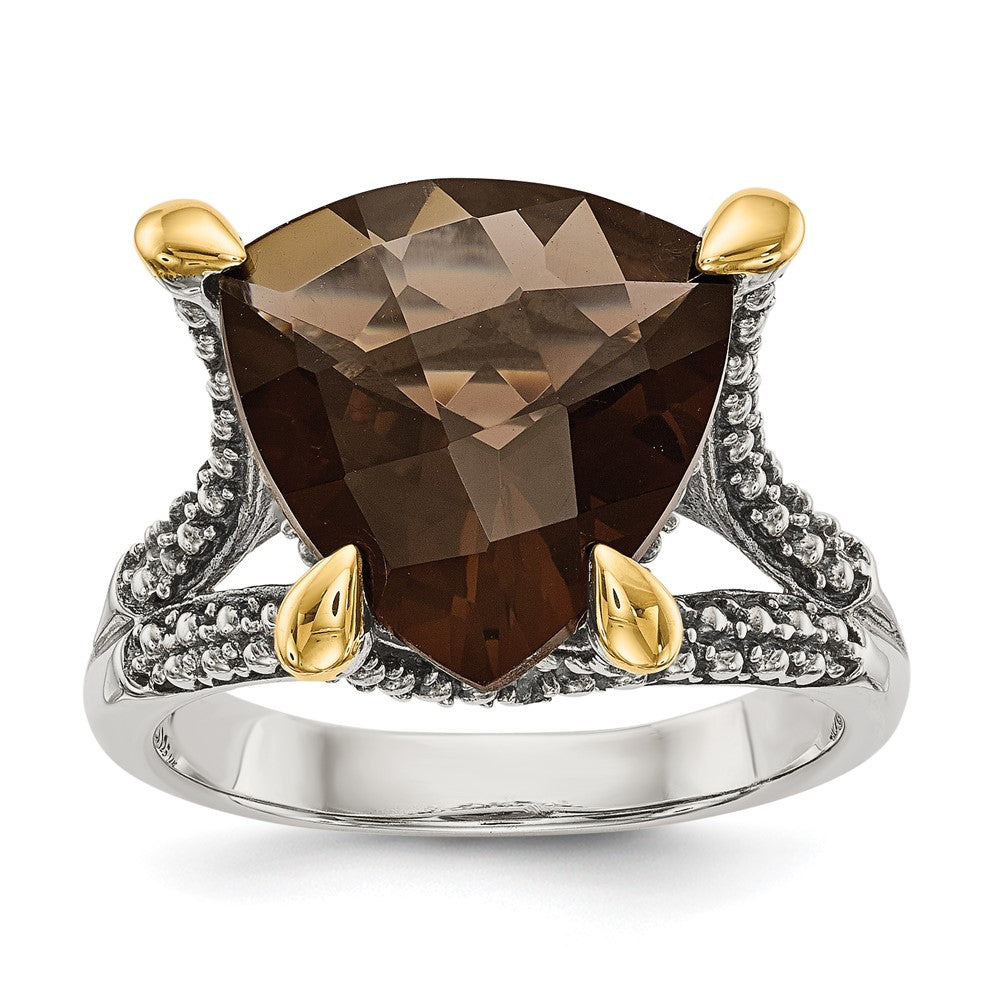 14K/Silver Two Tone Shey Couture Sterling Silver With 14K Accent Antiqued Trillion Checkerboard Smoky Quartz Ring