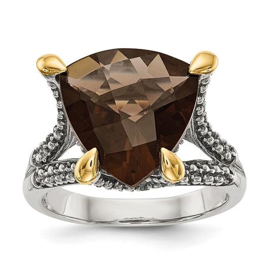 14K/Silver Two Tone Shey Couture Sterling Silver With 14K Accent Antiqued Trillion Checkerboard Smoky Quartz Ring