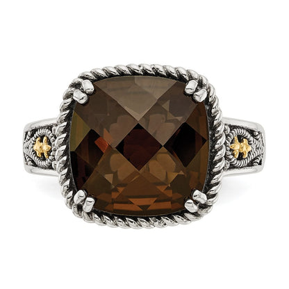 14K/Silver Two Tone Shey Couture Sterling Silver With 14K Accent Antiqued Cushion Checkerboard Smoky Quartz Ring
