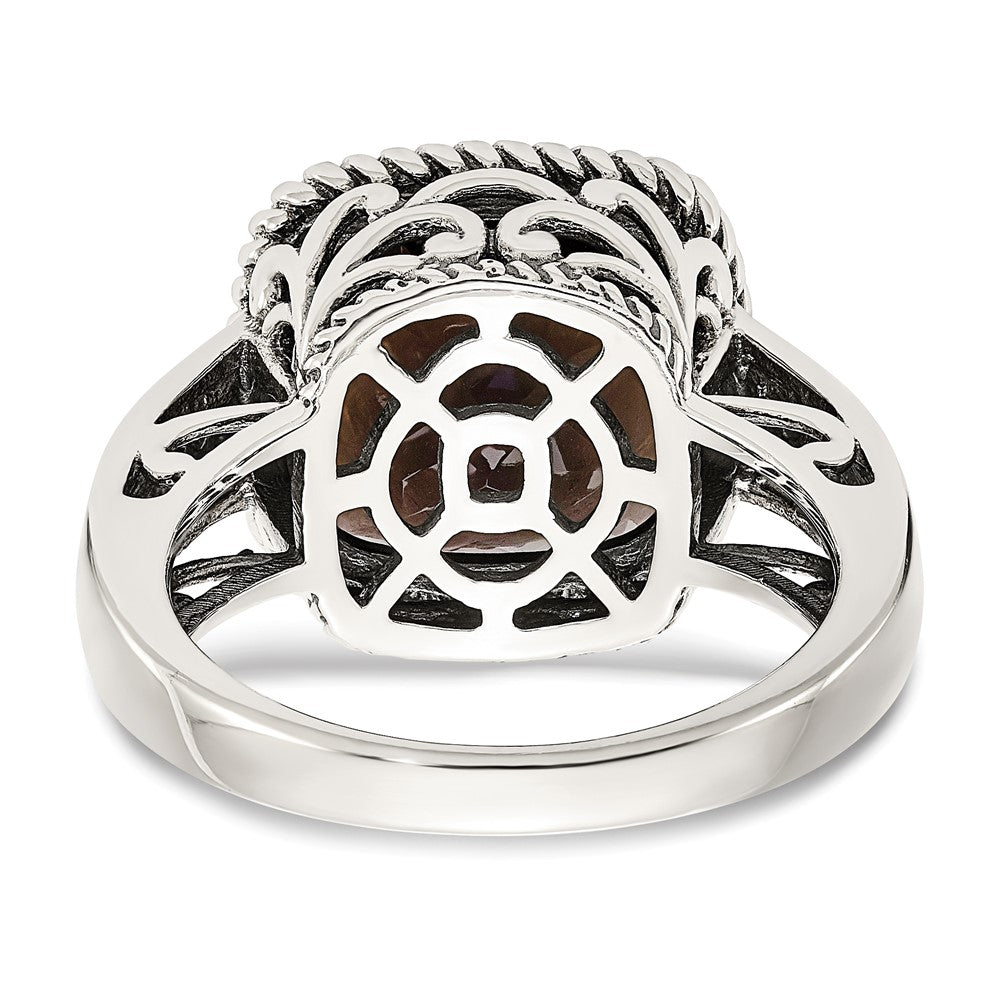 14K/Silver Two Tone Shey Couture Sterling Silver With 14K Accent Antiqued Cushion Checkerboard Smoky Quartz Ring