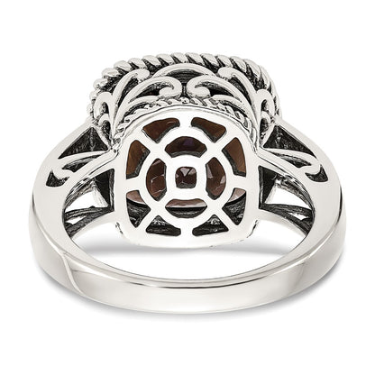 14K/Silver Two Tone Shey Couture Sterling Silver With 14K Accent Antiqued Cushion Checkerboard Smoky Quartz Ring