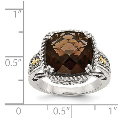 14K/Silver Two Tone Shey Couture Sterling Silver With 14K Accent Antiqued Cushion Checkerboard Smoky Quartz Ring