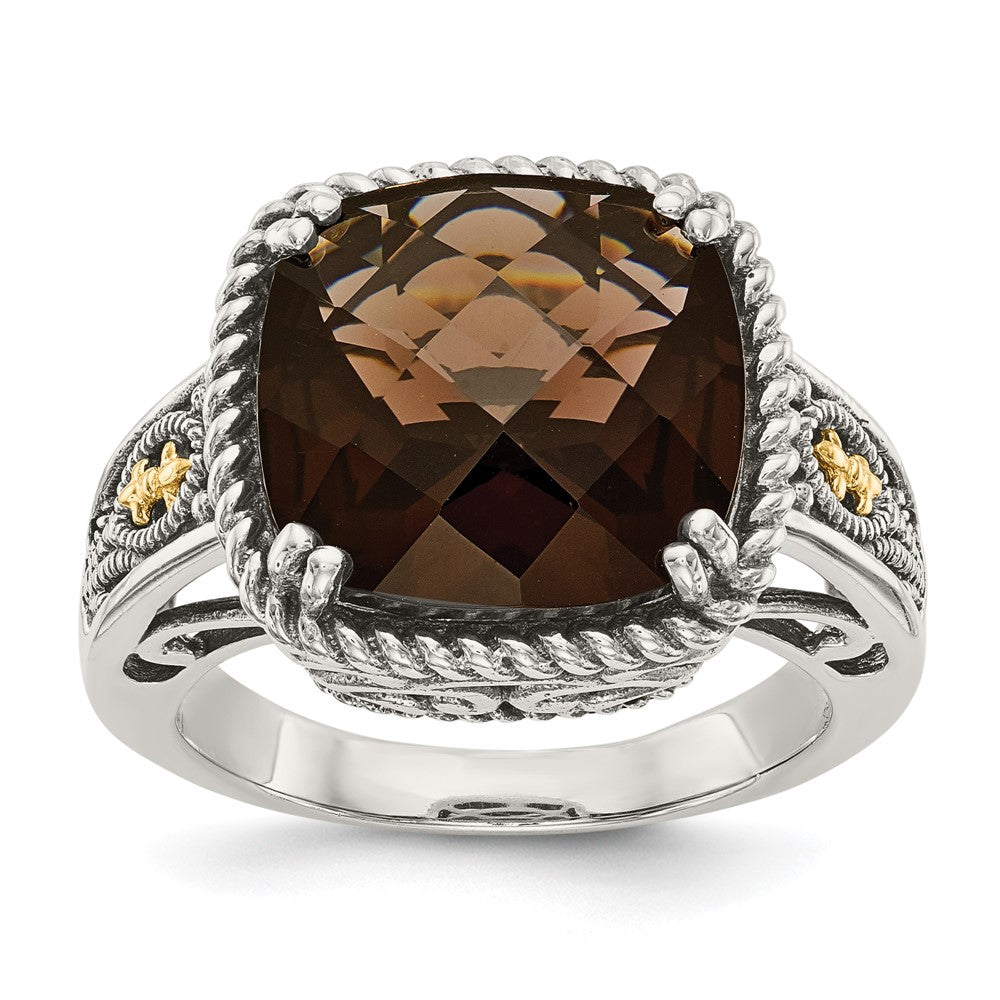 14K/Silver Two Tone Shey Couture Sterling Silver With 14K Accent Antiqued Cushion Checkerboard Smoky Quartz Ring