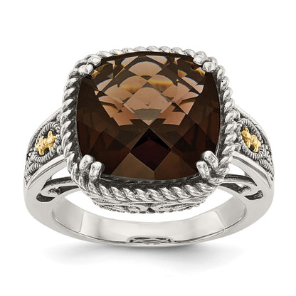 14K/Silver Two Tone Shey Couture Sterling Silver With 14K Accent Antiqued Cushion Checkerboard Smoky Quartz Ring