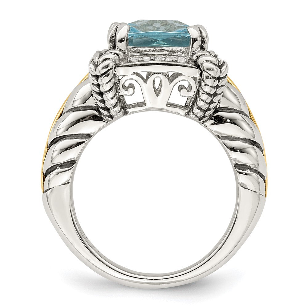 14K/Silver Two Tone Shey Couture Sterling Silver With 14K Accent Antiqued Checkerboard Cushion Sky Blue Topaz And Diamond Ring