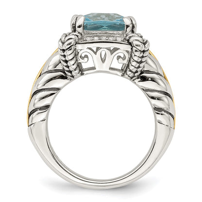 14K/Silver Two Tone Shey Couture Sterling Silver With 14K Accent Antiqued Checkerboard Cushion Sky Blue Topaz And Diamond Ring