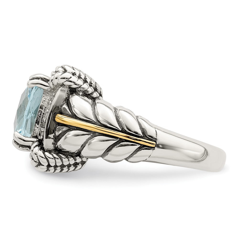 14K/Silver Two Tone Shey Couture Sterling Silver With 14K Accent Antiqued Checkerboard Cushion Sky Blue Topaz And Diamond Ring