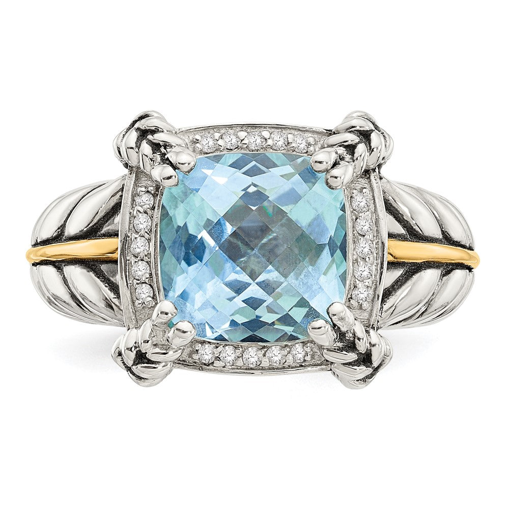 14K/Silver Two Tone Shey Couture Sterling Silver With 14K Accent Antiqued Checkerboard Cushion Sky Blue Topaz And Diamond Ring