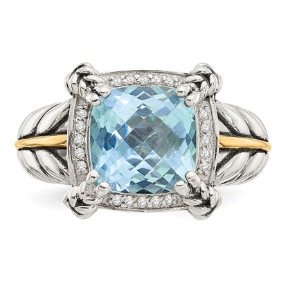 14K/Silver Two Tone Shey Couture Sterling Silver With 14K Accent Antiqued Checkerboard Cushion Sky Blue Topaz And Diamond Ring