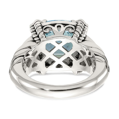 14K/Silver Two Tone Shey Couture Sterling Silver With 14K Accent Antiqued Checkerboard Cushion Sky Blue Topaz And Diamond Ring