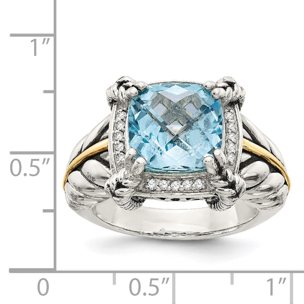 14K/Silver Two Tone Shey Couture Sterling Silver With 14K Accent Antiqued Checkerboard Cushion Sky Blue Topaz And Diamond Ring