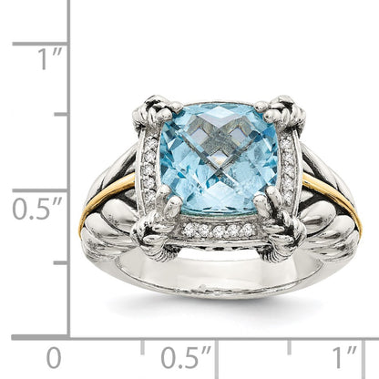 14K/Silver Two Tone Shey Couture Sterling Silver With 14K Accent Antiqued Checkerboard Cushion Sky Blue Topaz And Diamond Ring