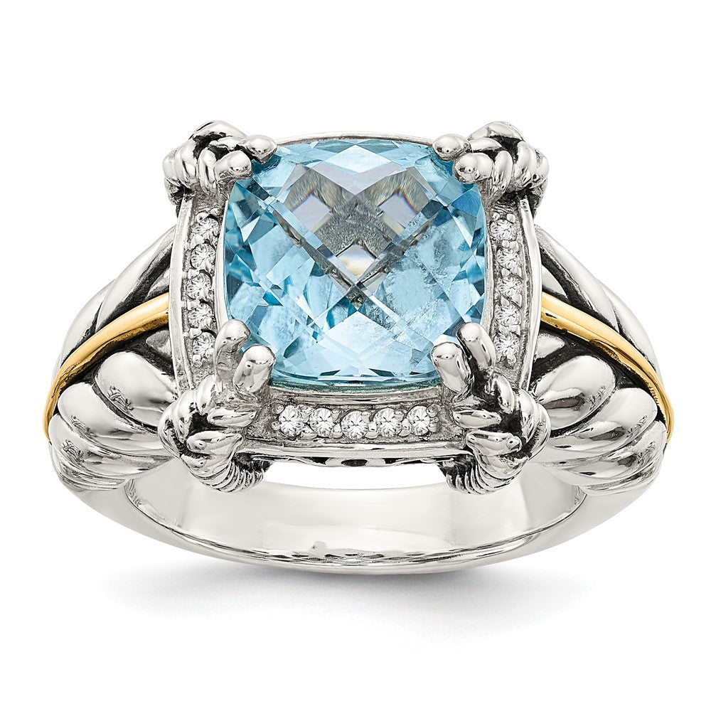 14K/Silver Two Tone Shey Couture Sterling Silver With 14K Accent Antiqued Checkerboard Cushion Sky Blue Topaz And Diamond Ring
