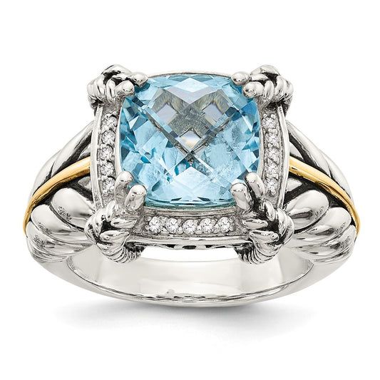 14K/Silver Two Tone Shey Couture Sterling Silver With 14K Accent Antiqued Checkerboard Cushion Sky Blue Topaz And Diamond Ring