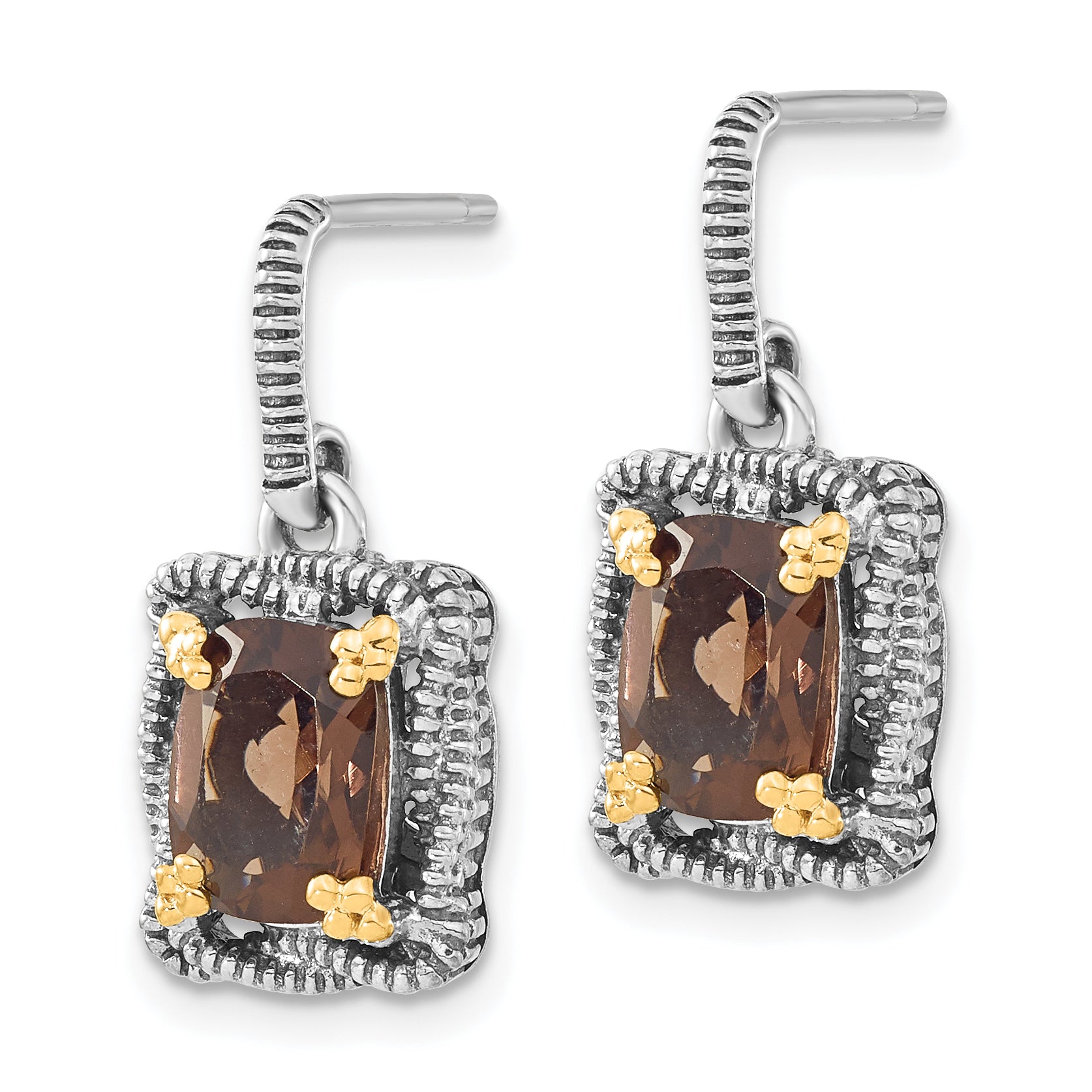 14K/Silver Two Tone Sterling Silver 14K Accent Polished & Antiqued Smoky Quartz Post Dangle Earrings