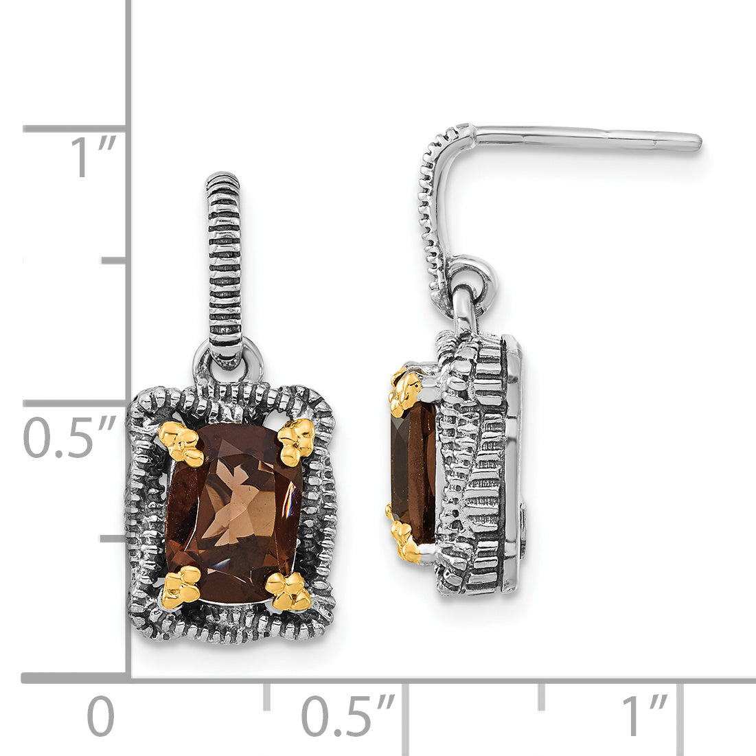14K/Silver Two Tone Sterling Silver 14K Accent Polished & Antiqued Smoky Quartz Post Dangle Earrings