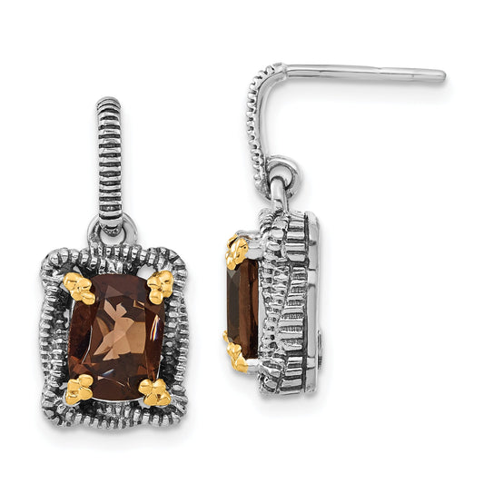14K/Silver Two Tone Sterling Silver 14K Accent Polished & Antiqued Smoky Quartz Post Dangle Earrings