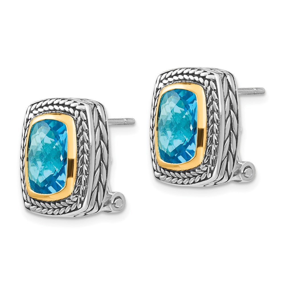 14K/Silver Two Tone Shey Couture Sterling Silver With 14K Accent Antiqued Cushion Bezel Swiss Blue Topaz Omega Back Earrings