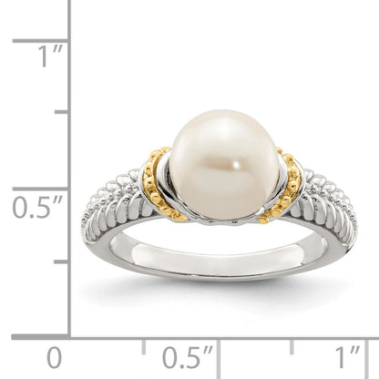 14K/Silver Two Tone Shey Couture Sterling Silver Rhodium Plated With 14K Accent 8 9mm Freshwater Cultured Pearl Ring