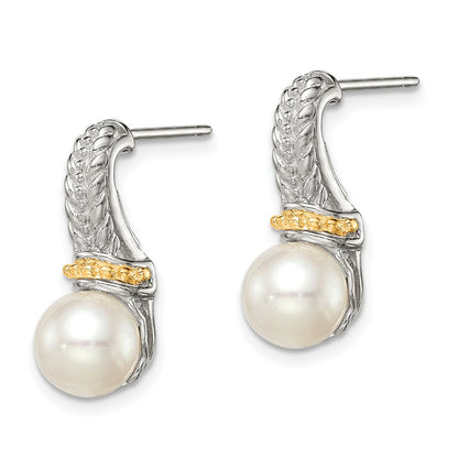 14K/Silver Two Tone Shey Couture Sterling Silver Rhodium Plated With 14K Accent 7 8mm Freshwater Cultured Pearl Post Dangle Earrings