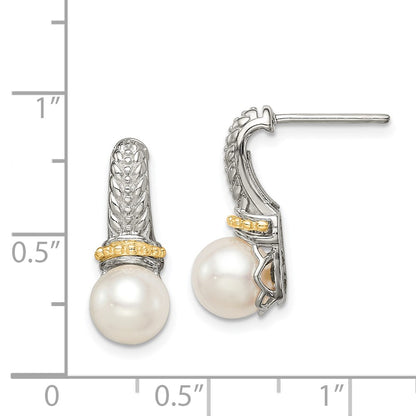 14K/Silver Two Tone Shey Couture Sterling Silver Rhodium Plated With 14K Accent 7 8mm Freshwater Cultured Pearl Post Dangle Earrings